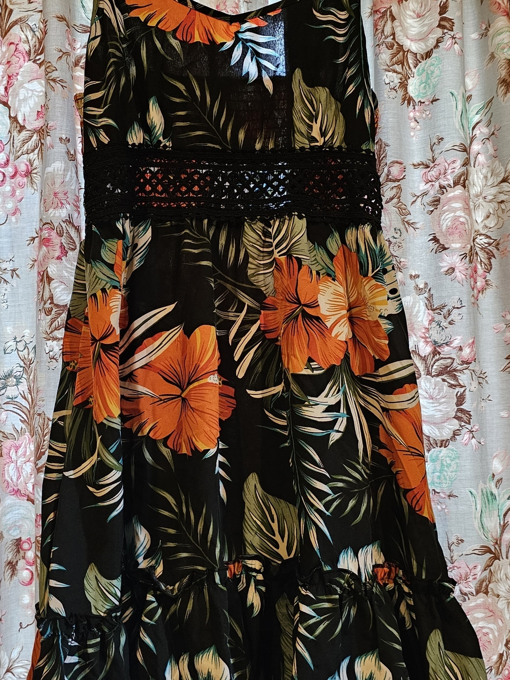 Women's Black Floral Sundress with Orange Hibiscus Print- XL